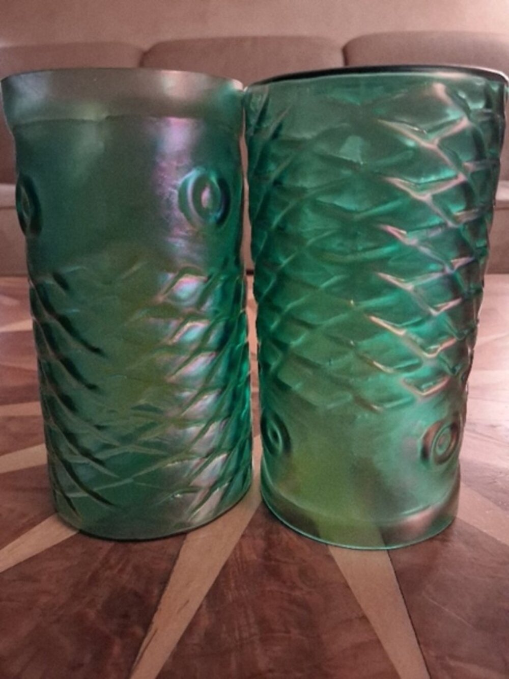 2 Rare John Cook Signed Hand Blown Koi Fish Carnival Glasses First Year 2000